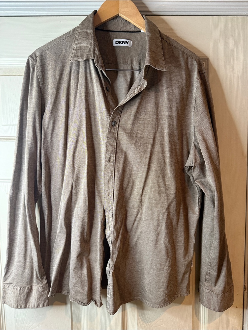 DKNY Men’s Casual Button-Down Shirt in Taupe Brown